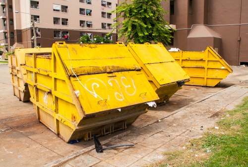 Construction site in Canary Wharf with waste management systems